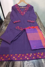 Americanchoice Cotton Embroidered Kurta With Pant & Linen Dupatta Set - Image 5
