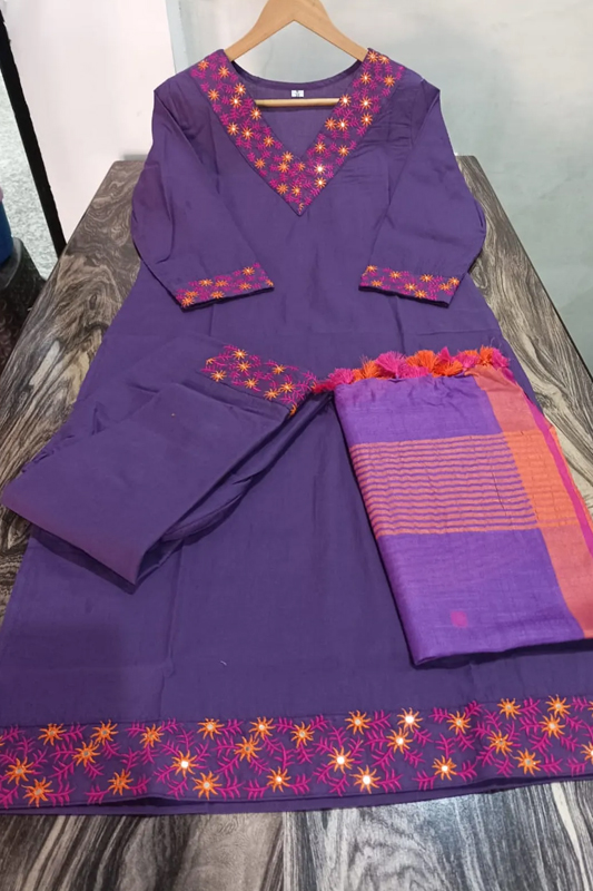 Americanchoice Cotton Embroidered Kurta With Pant & Linen Dupatta Set - Image 5