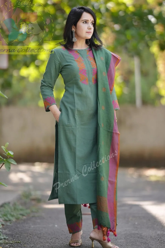 Americanchoice Dark Green Cotton Embroidered Kurta With Pant & Linen Dupatta Set - Image 1