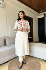 Americanchoice Off White Cotton Embroidered Kurta & Pant Set - Image 3