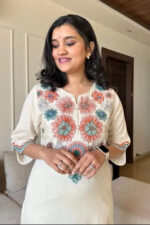 Americanchoice Off White Cotton Embroidered Kurta & Pant Set - Image 6