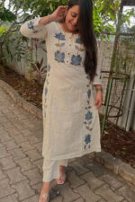 Americanchoice Off White Cotton Embroidered Kurta & Pant Set - Image 2