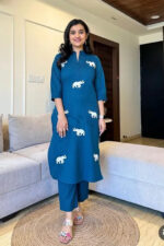 Americanchoice Blue Cotton Embroidered Kurta & Pant Set