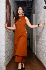 Americanchoice Brown Cotton Embroidered Kurta & Pant Set