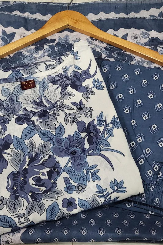 Americanchoice Cotton Floral Print Bluish Grey Kurta With Pant & Dupatta Set - Image 6