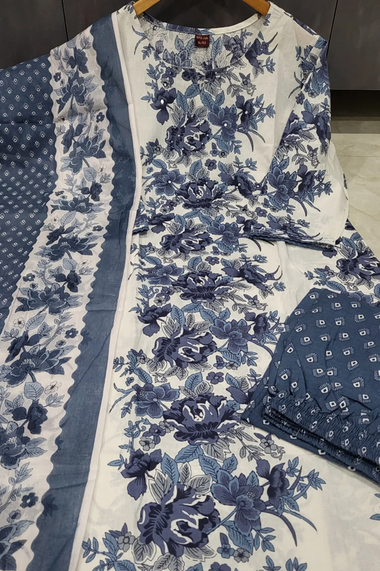 Americanchoice Cotton Floral Print Bluish Grey Kurta With Pant & Dupatta Set - Image 5