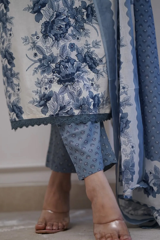 Americanchoice Cotton Floral Print Bluish Grey Kurta With Pant & Dupatta Set - Image 2