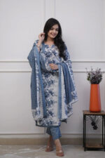 Americanchoice Cotton Floral Print Bluish Grey Kurta With Pant & Dupatta Set