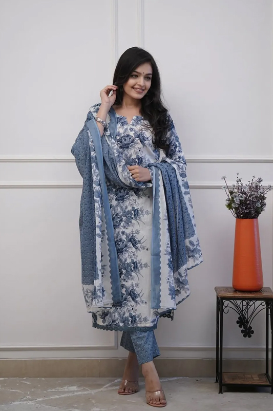 Americanchoice Cotton Floral Print Bluish Grey Kurta With Pant & Dupatta Set - Image 1