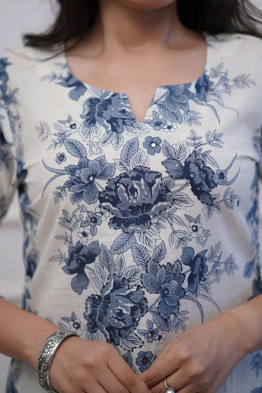 Americanchoice Cotton Floral Print Bluish Grey Kurta With Pant & Dupatta Set - Image 4