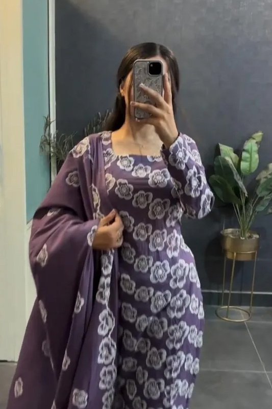 Americanchoice Purple Cotton Hand Block Print Kurta With Pant & Dupatta Set - Image 2