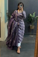 Americanchoice Purple Cotton Hand Block Print Kurta With Pant & Dupatta Set