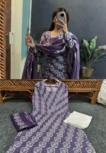 Americanchoice Purple Cotton Hand Block Print Kurta With Pant & Dupatta Set - Image 3