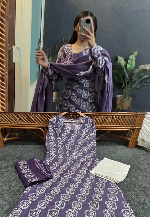 Americanchoice Purple Cotton Hand Block Print Kurta With Pant & Dupatta Set - Image 3