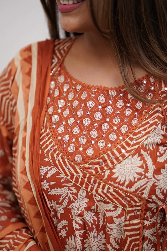 Americanchoice Cotton Jaipuri Print Anarkali Style Kurta With Pant & Dupatta Set - Image 3