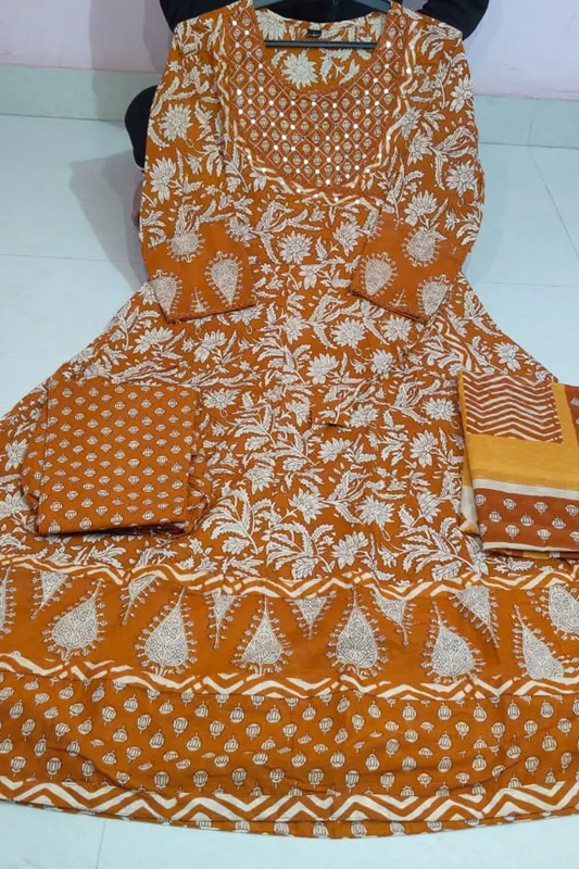 Americanchoice Cotton Jaipuri Print Anarkali Style Kurta With Pant & Dupatta Set - Image 2