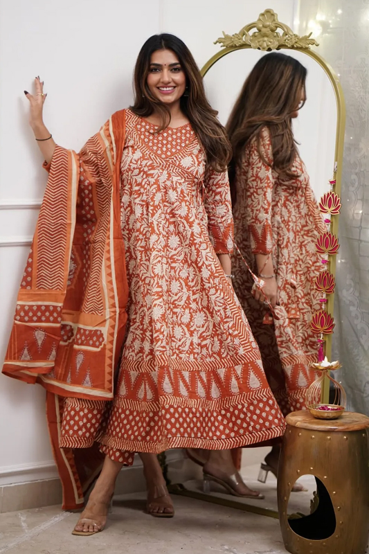 Americanchoice Cotton Jaipuri Print Anarkali Style Kurta With Pant & Dupatta Set - Image 1