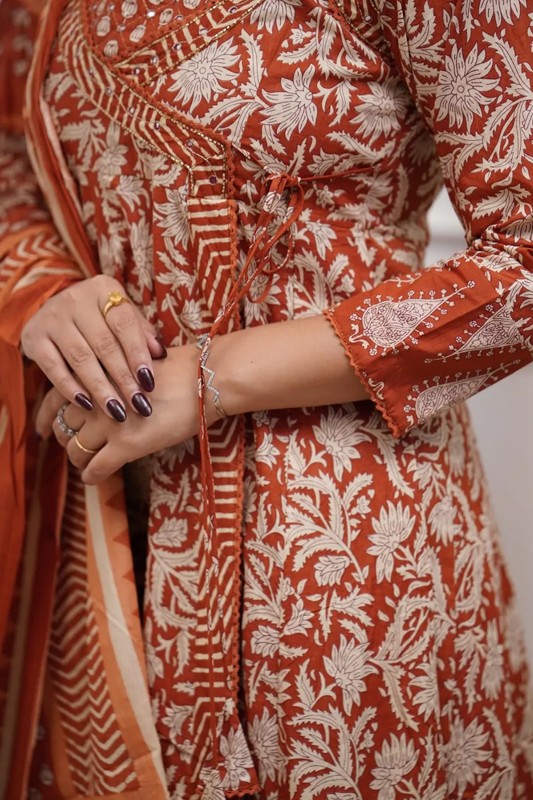 Americanchoice Cotton Jaipuri Print Anarkali Style Kurta With Pant & Dupatta Set - Image 5