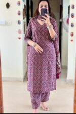 Americanchoice Maroon Cotton Printed Kurta With Pant & Dupatta Set - Image 4