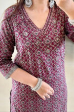 Americanchoice Maroon Cotton Printed Kurta With Pant & Dupatta Set - Image 2