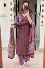 Americanchoice Maroon Cotton Printed Kurta With Pant & Dupatta Set