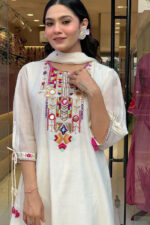 Americanchoice White Embroidered Chanderi Kurta With Cotton Pant & Dupatta Set - Image 5