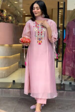 Americanchoice Pink Embroidered Chanderi Kurta With Cotton Pant & Dupatta Set - Image 4