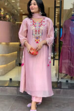 Americanchoice Pink Embroidered Chanderi Kurta With Cotton Pant & Dupatta Set - Image 3