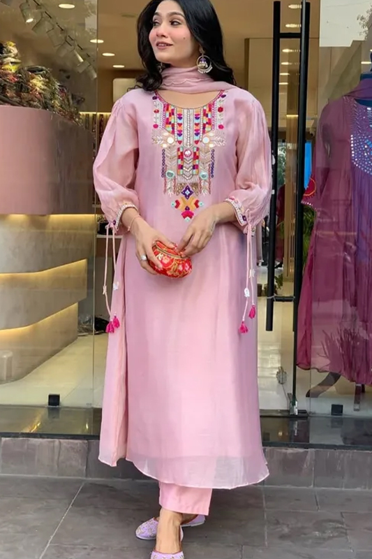 Americanchoice Pink Embroidered Chanderi Kurta With Cotton Pant & Dupatta Set - Image 3