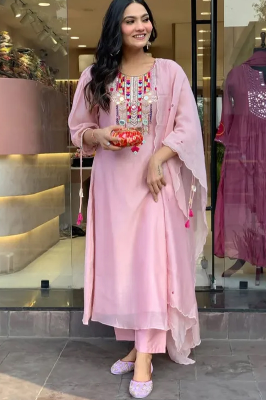 Americanchoice Pink Embroidered Chanderi Kurta With Cotton Pant & Dupatta Set - Image 2
