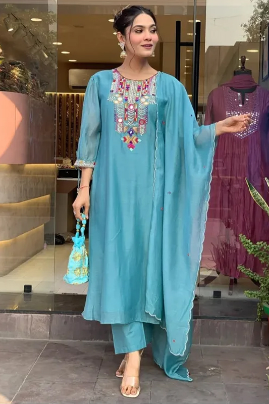 Americanchoice Sky Blue Embroidered Chanderi Kurta With Cotton Pant & Dupatta Set - Image 3