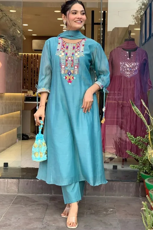Americanchoice Sky Blue Embroidered Chanderi Kurta With Cotton Pant & Dupatta Set - Image 2