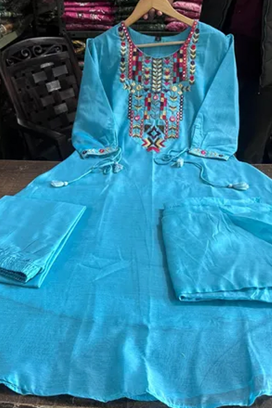 Americanchoice Sky Blue Embroidered Chanderi Kurta With Cotton Pant & Dupatta Set - Image 5