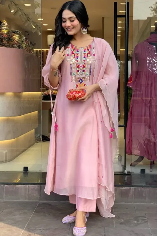 Americanchoice Pink Embroidered Chanderi Kurta With Cotton Pant & Dupatta Set - Image 1