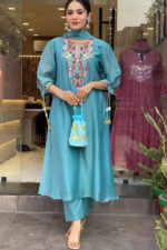 Americanchoice Sky Blue Embroidered Chanderi Kurta With Cotton Pant & Dupatta Set