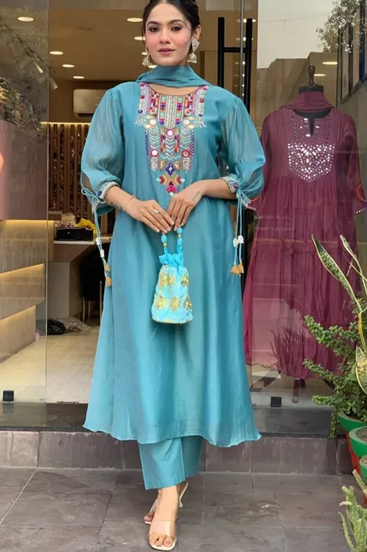 Americanchoice Sky Blue Embroidered Chanderi Kurta With Cotton Pant & Dupatta Set - Image 1