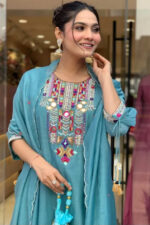 Americanchoice Sky Blue Embroidered Chanderi Kurta With Cotton Pant & Dupatta Set - Image 4