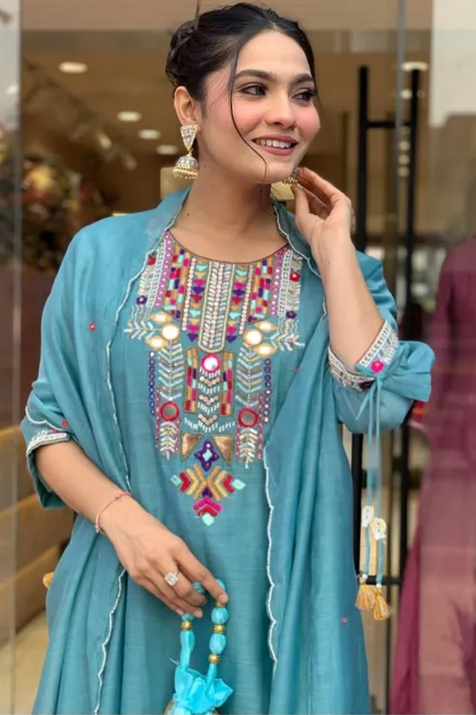 Americanchoice Sky Blue Embroidered Chanderi Kurta With Cotton Pant & Dupatta Set - Image 4