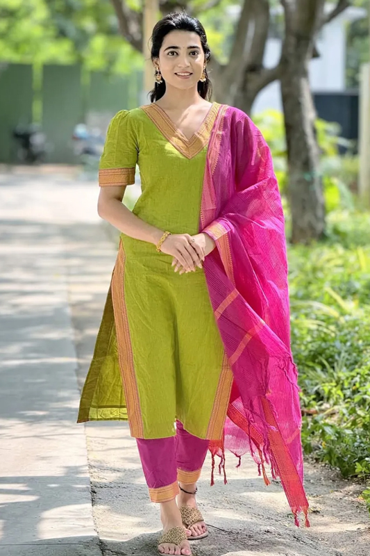 Americanchoice Handloom South Cotton Kurta With Pant & South Cotton Dupatta Set - Image 1