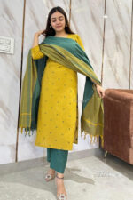 Americanchoice Yellow South Cotton Handloom Kurta With Pant & South Cotton Dupatta Set