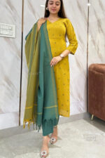 Americanchoice Yellow South Cotton Handloom Kurta With Pant & South Cotton Dupatta Set - Image 4