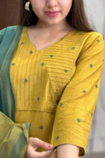 Americanchoice Yellow South Cotton Handloom Kurta With Pant & South Cotton Dupatta Set - Image 2