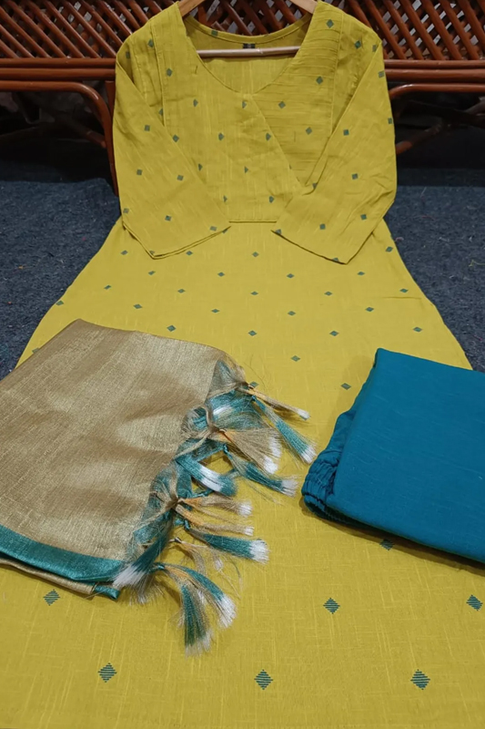 Americanchoice Yellow South Cotton Handloom Kurta With Pant & South Cotton Dupatta Set - Image 5