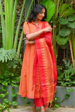 Americanchoice Orange South Cotton Manglagiri Anarkali Kurta With Pant & South Cotton Dupatta Set - Image 5