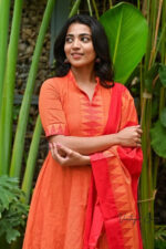 Americanchoice Orange South Cotton Manglagiri Anarkali Kurta With Pant & South Cotton Dupatta Set - Image 4