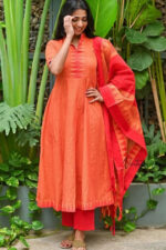 Americanchoice Orange South Cotton Manglagiri Anarkali Kurta With Pant & South Cotton Dupatta Set - Image 3