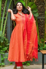 Americanchoice Orange South Cotton Manglagiri Anarkali Kurta With Pant & South Cotton Dupatta Set - Image 2