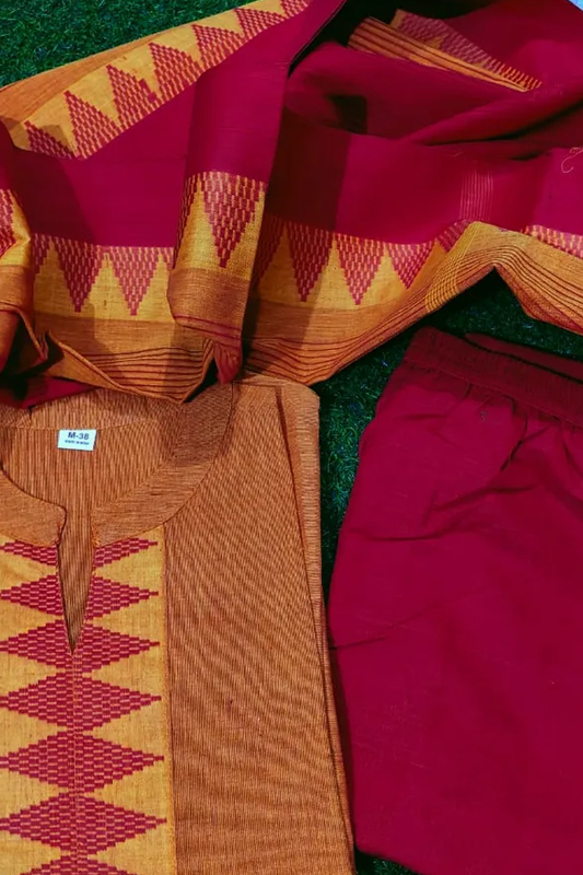 Americanchoice Orange South Cotton Manglagiri Anarkali Kurta With Pant & South Cotton Dupatta Set - Image 6