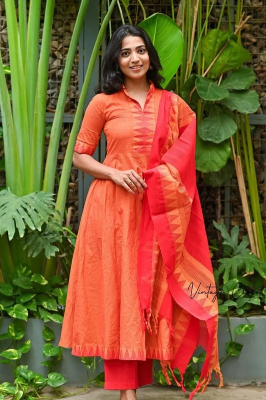 Americanchoice Orange South Cotton Manglagiri Anarkali Kurta With Pant & South Cotton Dupatta Set - Image 1