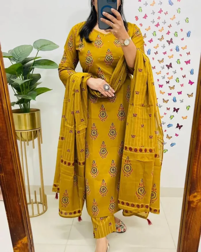 Americanchoice Yellow Cotton Kurta With Pant & Dupatta Set - Image 3
